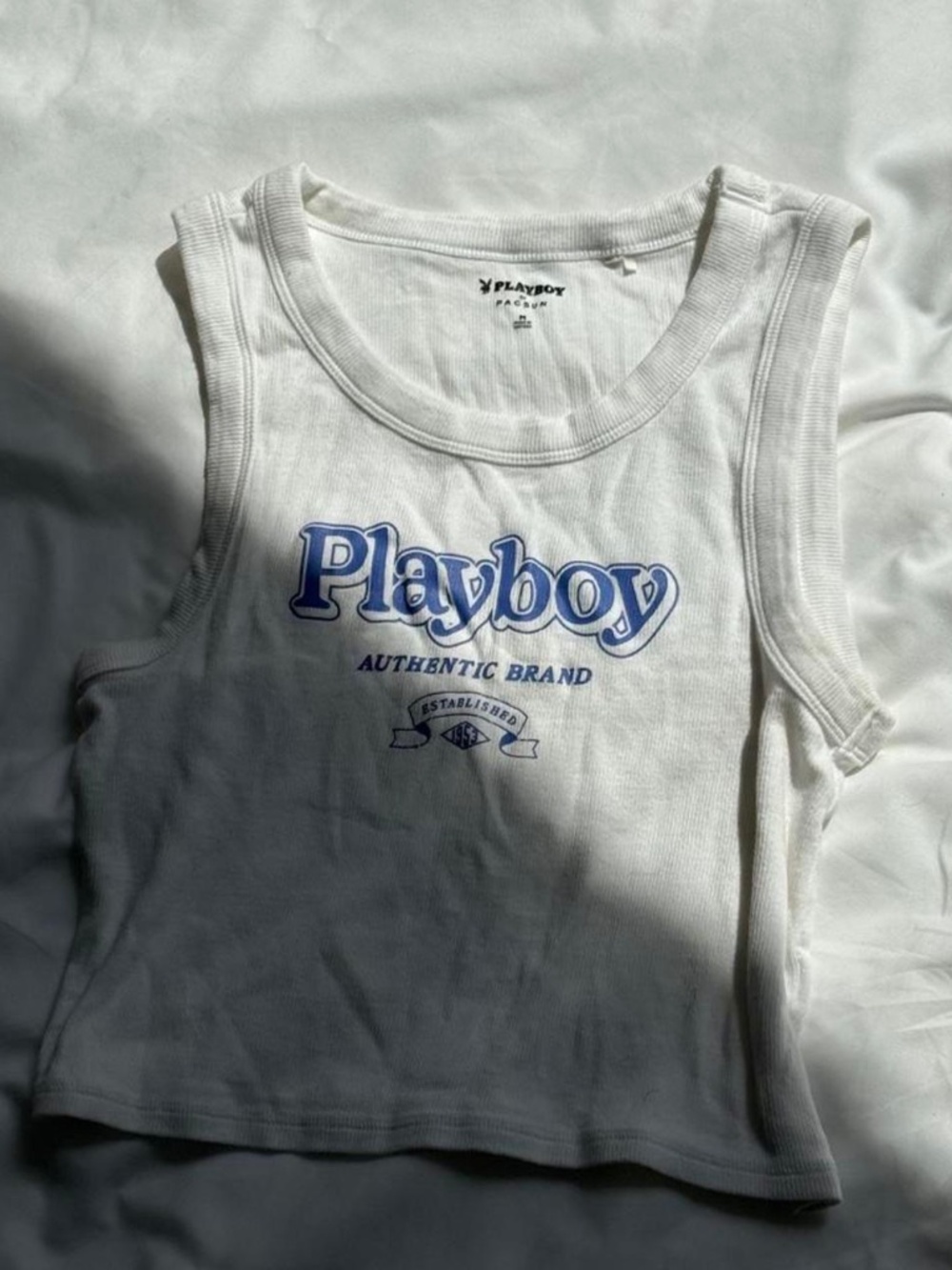Playboy by PacSun White Ribbed Logo Crop Tank